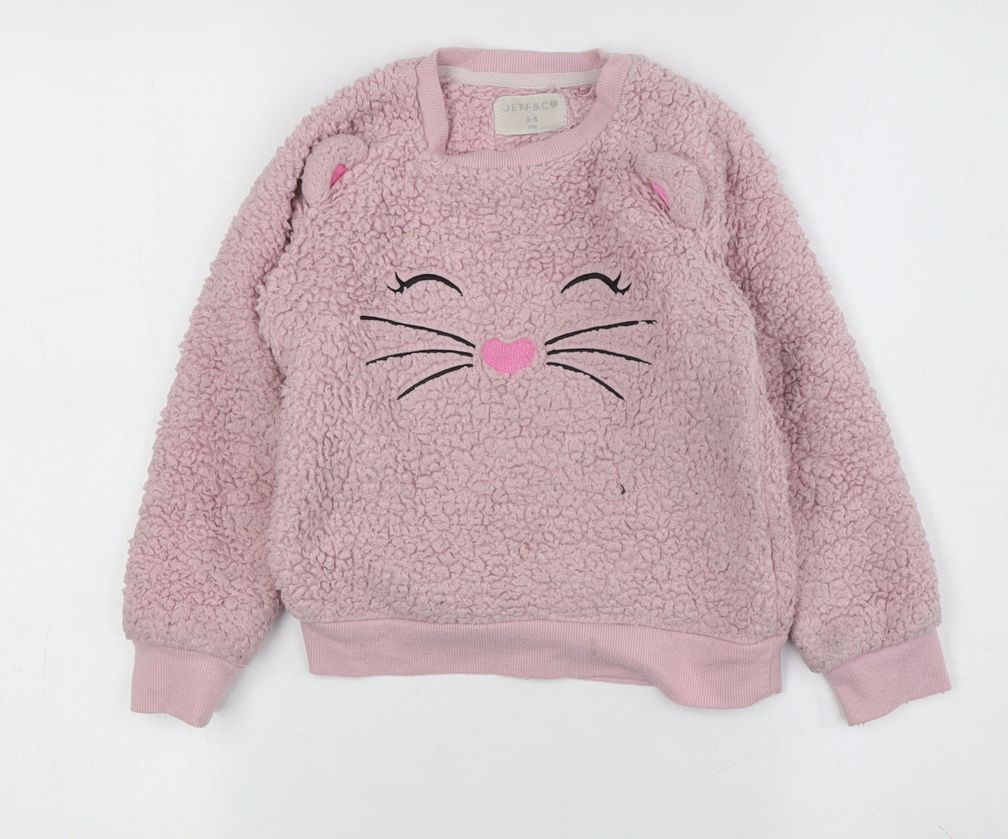 Jeff & Co Girls Pink Cat Sweatshirt 5-6 Years Bouclé Pullover