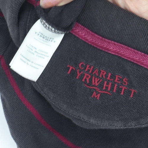 Charles Tyrwhitt Men's Black Striped Short Sleeve Polo M
