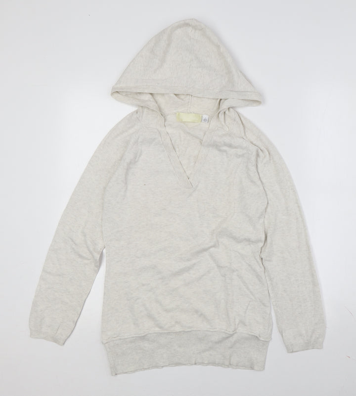 Beige Hooded Women's V-Neck Pullover Jumper, Size S