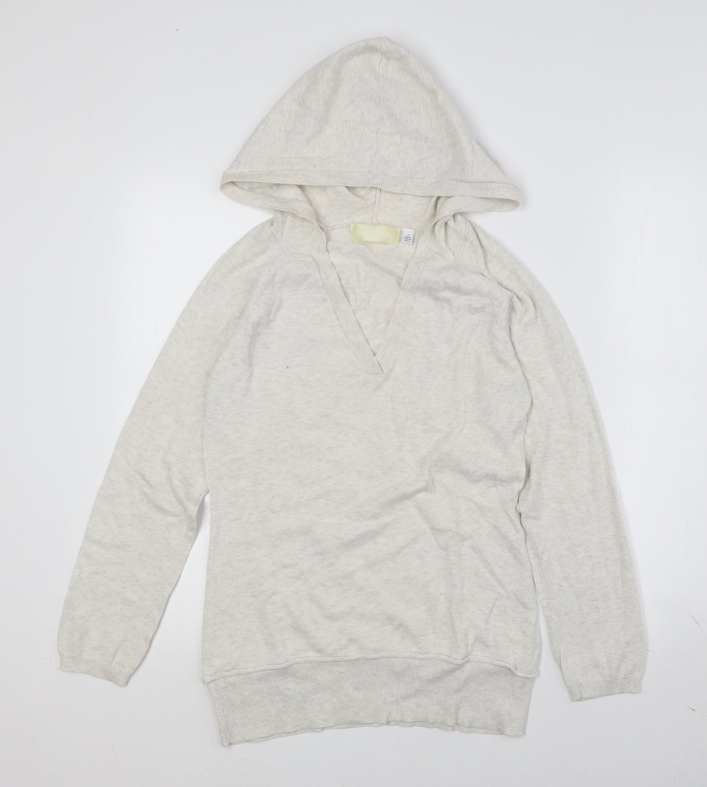 Beige Hooded Women's V-Neck Pullover Jumper, Size S