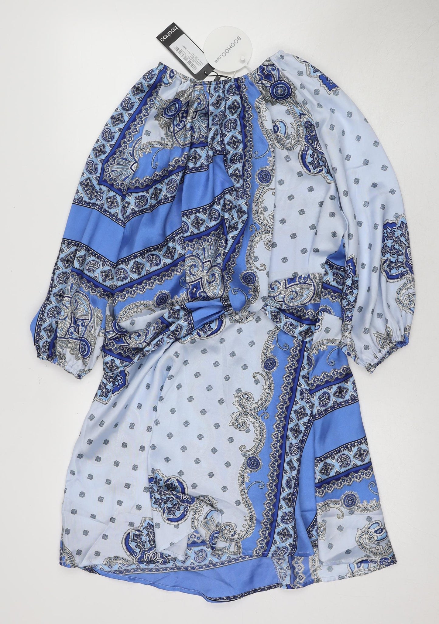Boohoo Women's Blue Paisley Long Sleeve Dress, Size 16