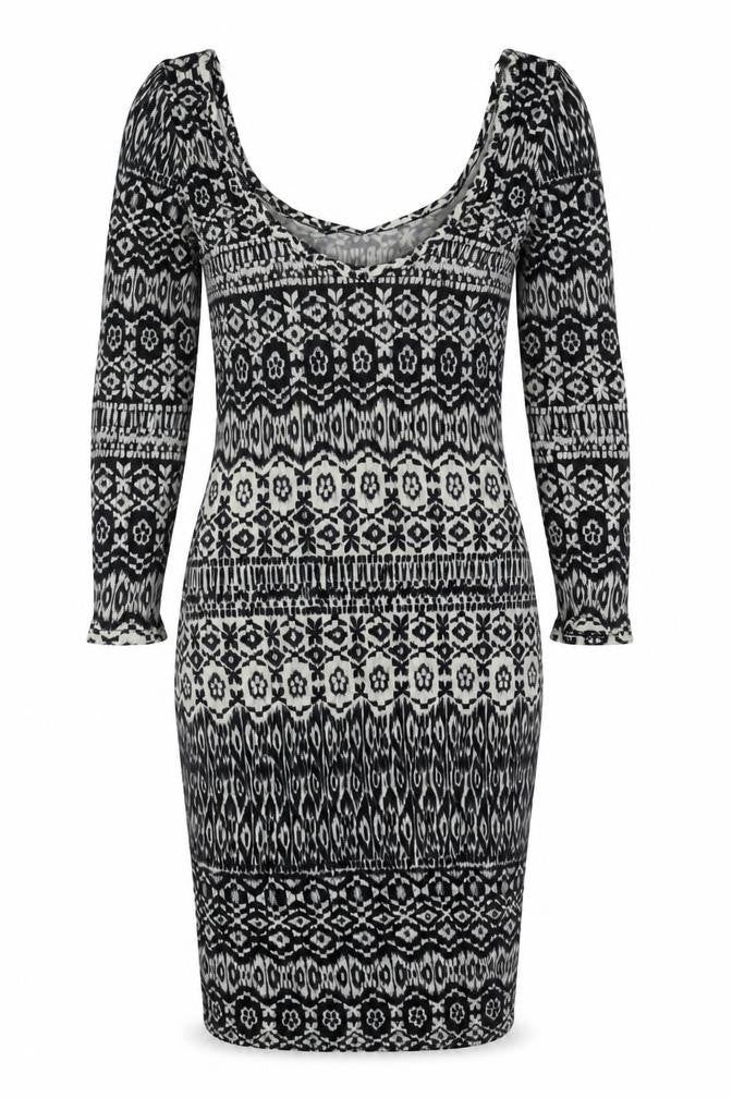 Front view of Women's Bodycon Dress Black White, size 10, Geometric