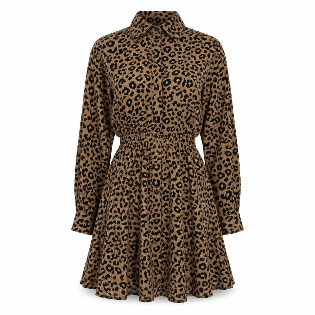 Hot Fashion Women's Brown Animal Print Shirt Dress S