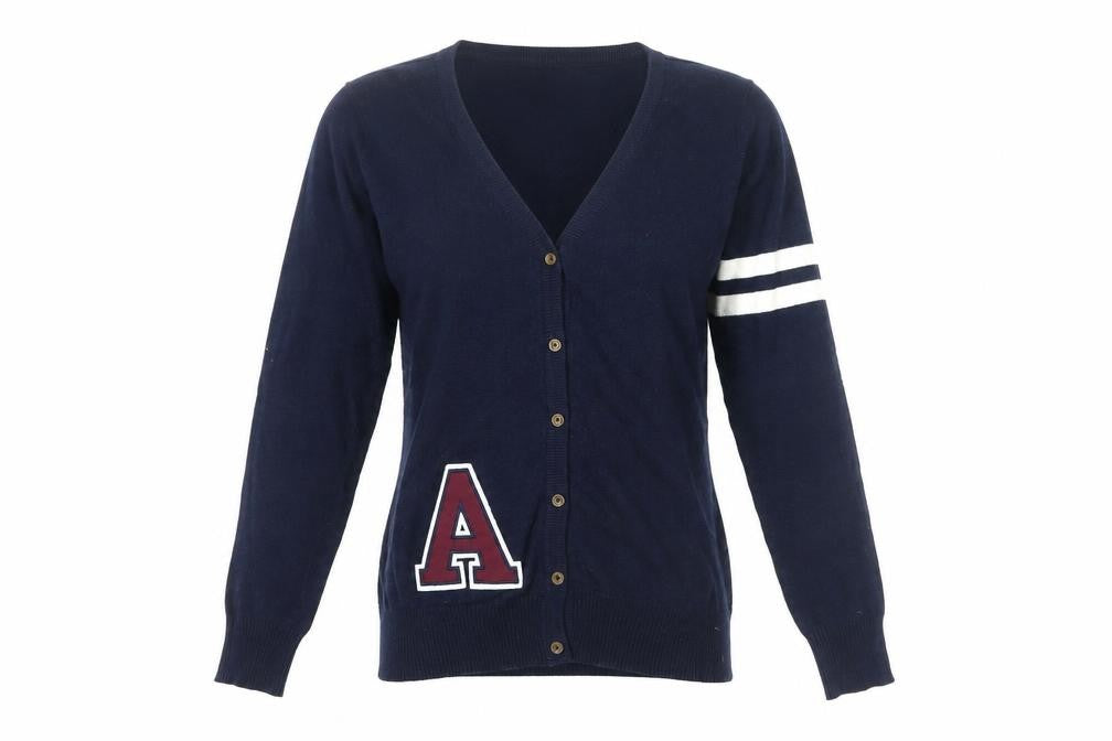 Front view of AJC Women's Blue Cardigan, size 14-16, V-Neck