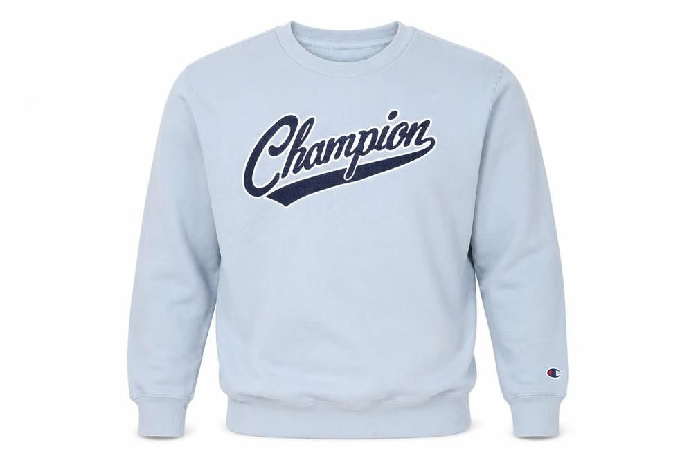 Front view of Champion Men's Blue Pullover Sweatshirt S Logo