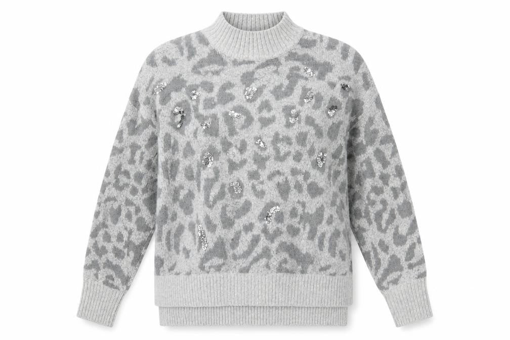 Front view of Oasis Women's Grey Sequin Animal Print Jumper - M