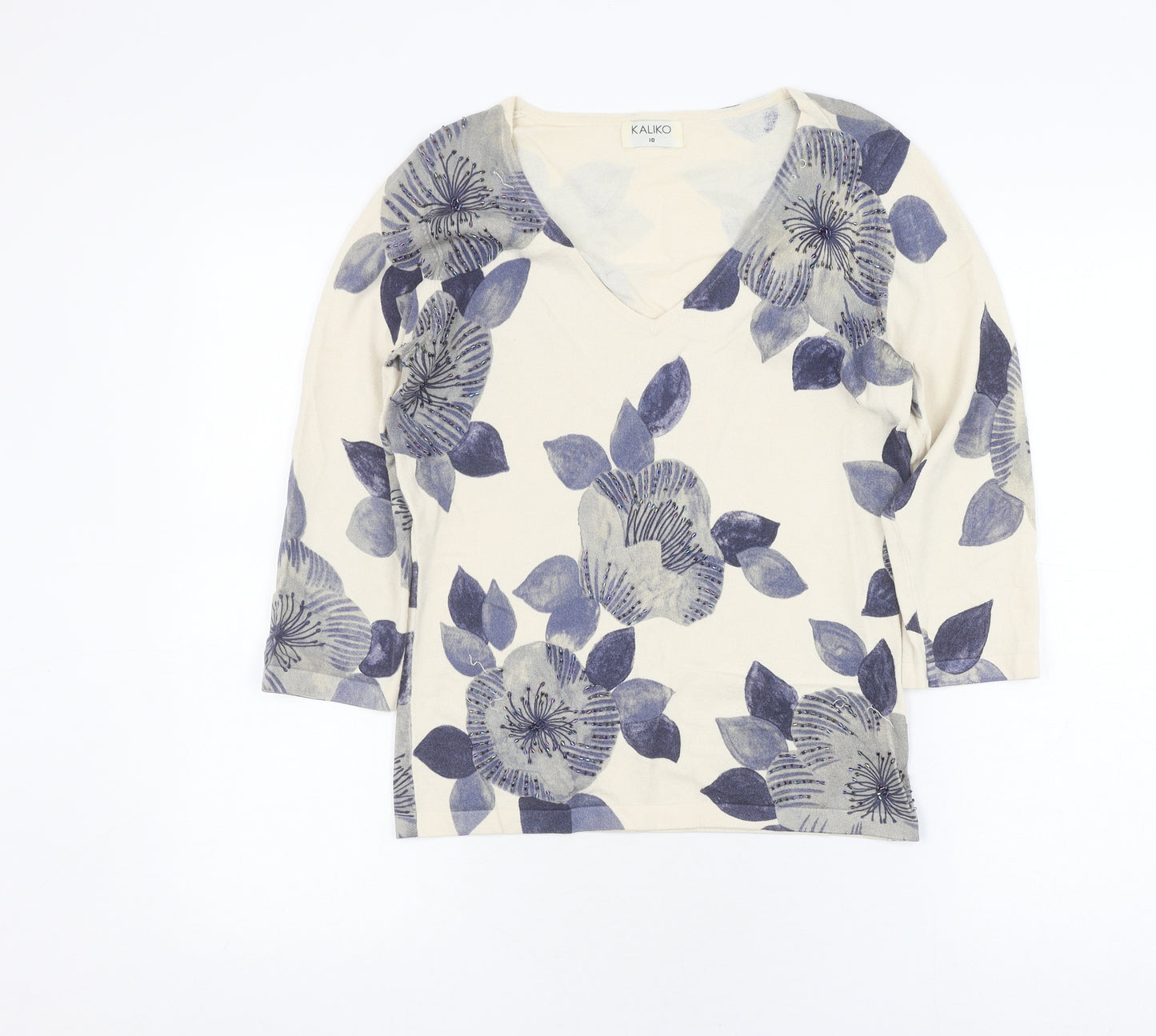 Kaliko Women's Ivory Floral Blouse, V-Neck, UK 10