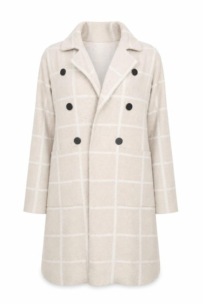 Front view of Adrienne Vittadini Women's Beige XL Check Coatigan Overcoat