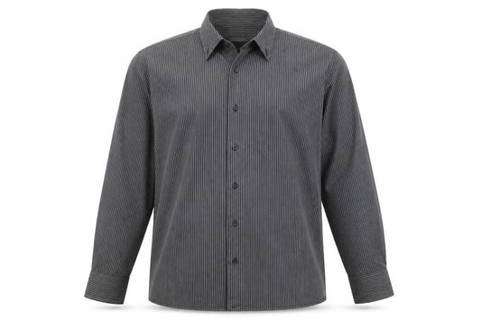Front view of Primo Emporio Men's Grey Striped XL Button-Up Shirt