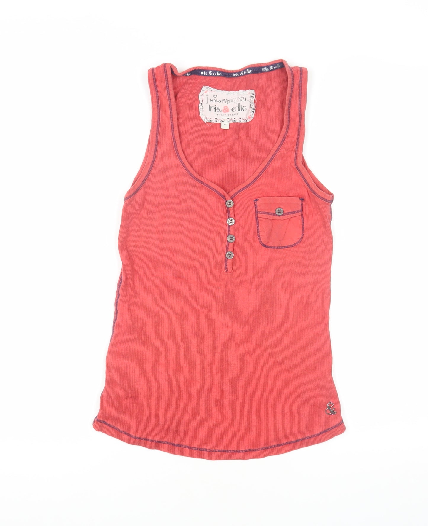 Iris & Edie Women’s Red Basic Cotton Henley Tank Top