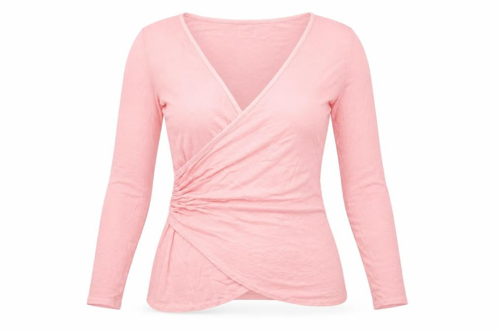 Front view of A Postcard from Brighton Women's Pink Wrap Blouse, size 4