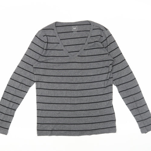 GAP Women's Grey Striped Long Sleeve T-Shirt L