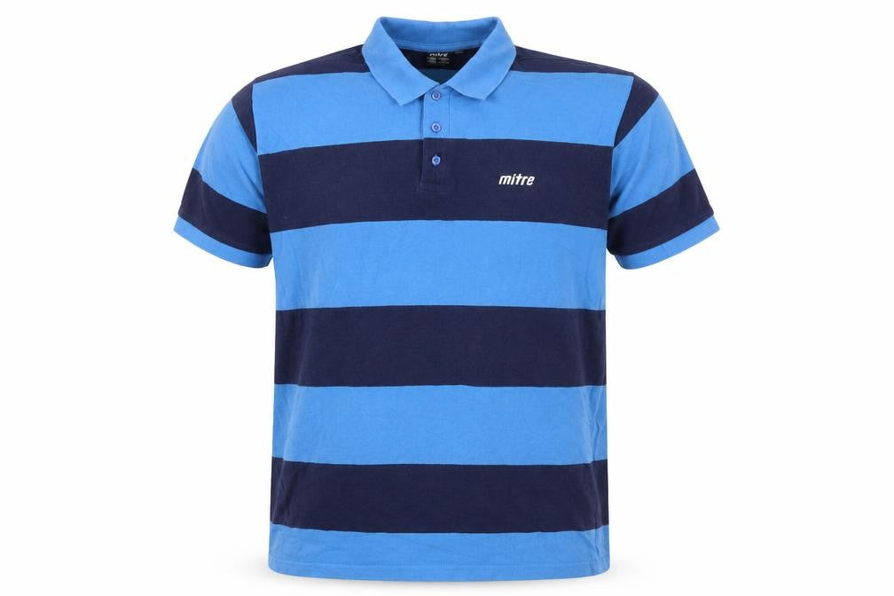 Front view of Mitre Men's Blue XL Striped Short Sleeve Polo
