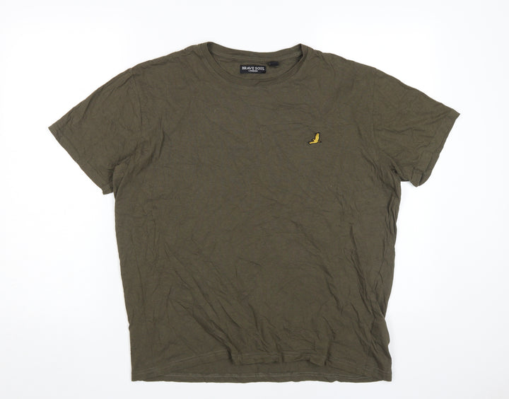Brave Soul Men's Green Cotton Logo T-Shirt Size L