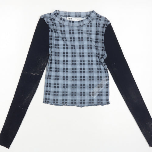 Zara Women's Blue Check Cropped Top, Size M, Long Sleeve
