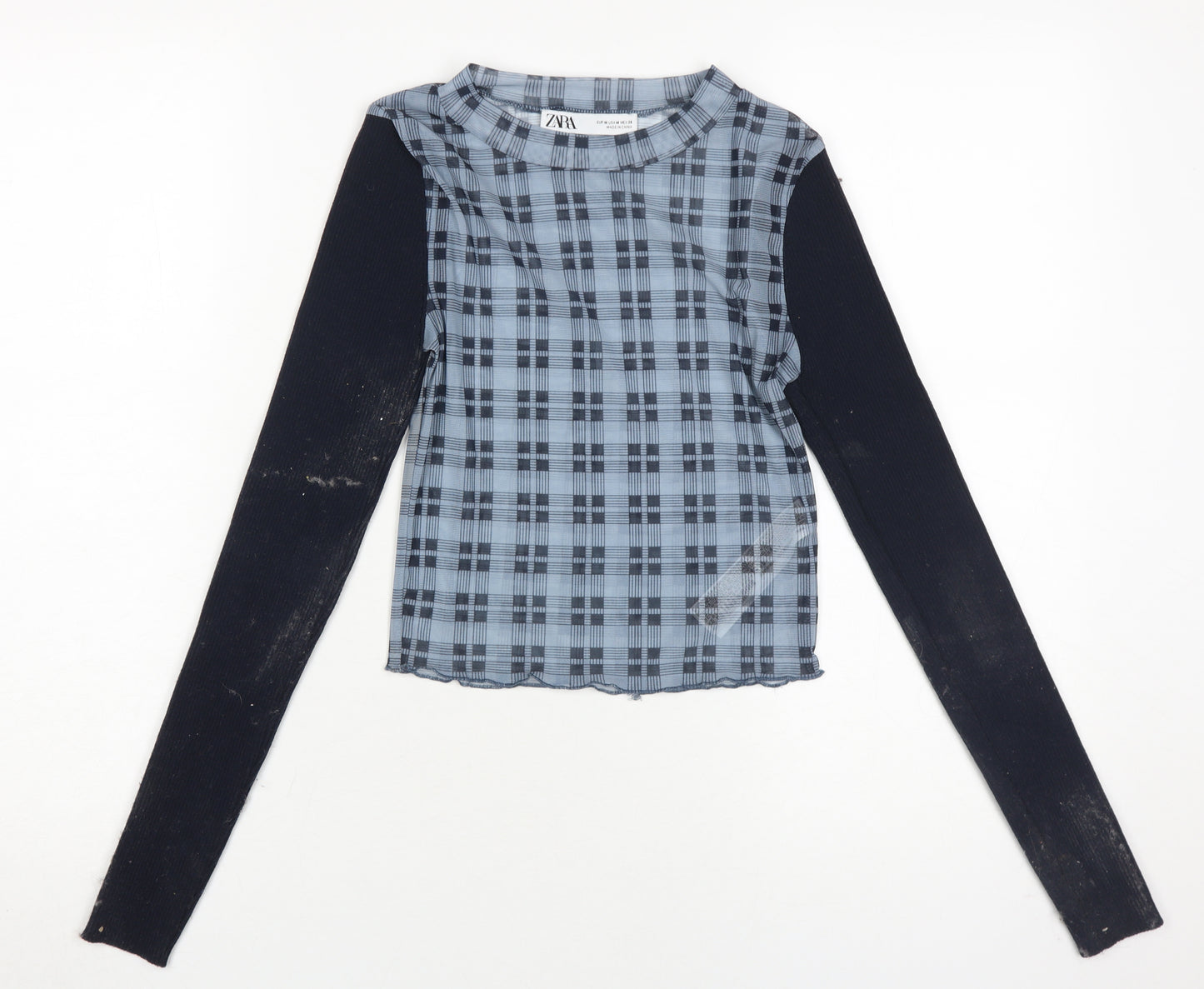 Zara Women's Blue Check Cropped Top, Size M, Long Sleeve