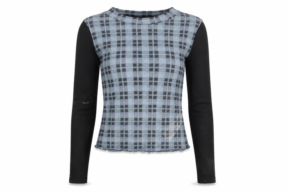 Front view of Zara Women's Blue Check Cropped Top, size M, Long Sleeve