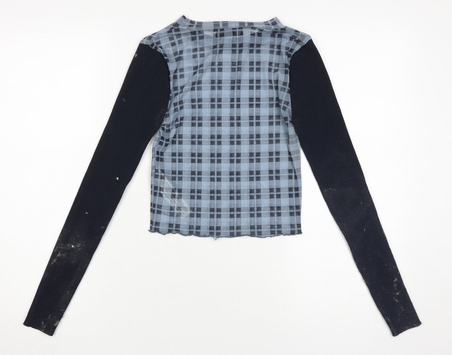 Zara Women's Blue Check Cropped Top, Size M, Long Sleeve