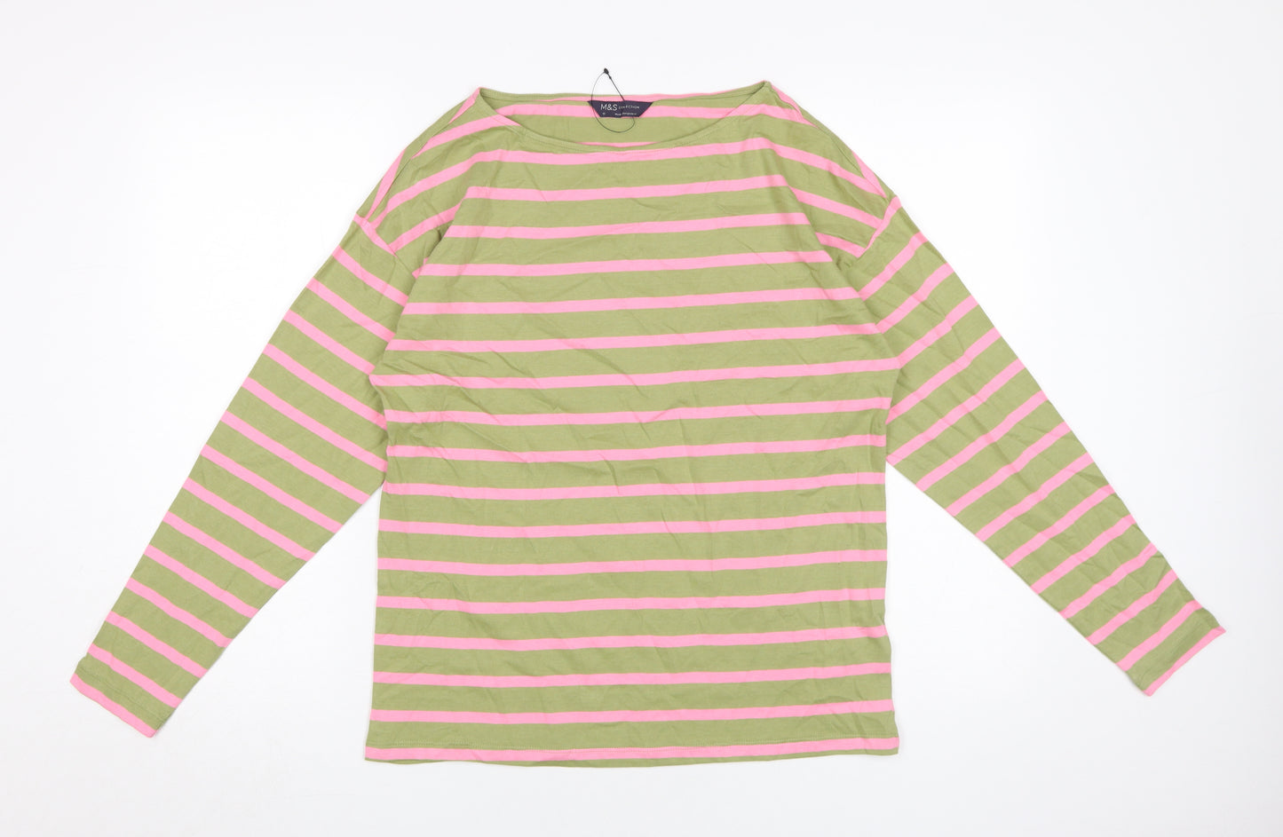Marks and Spencer Women's Green Striped T-Shirt Size 10