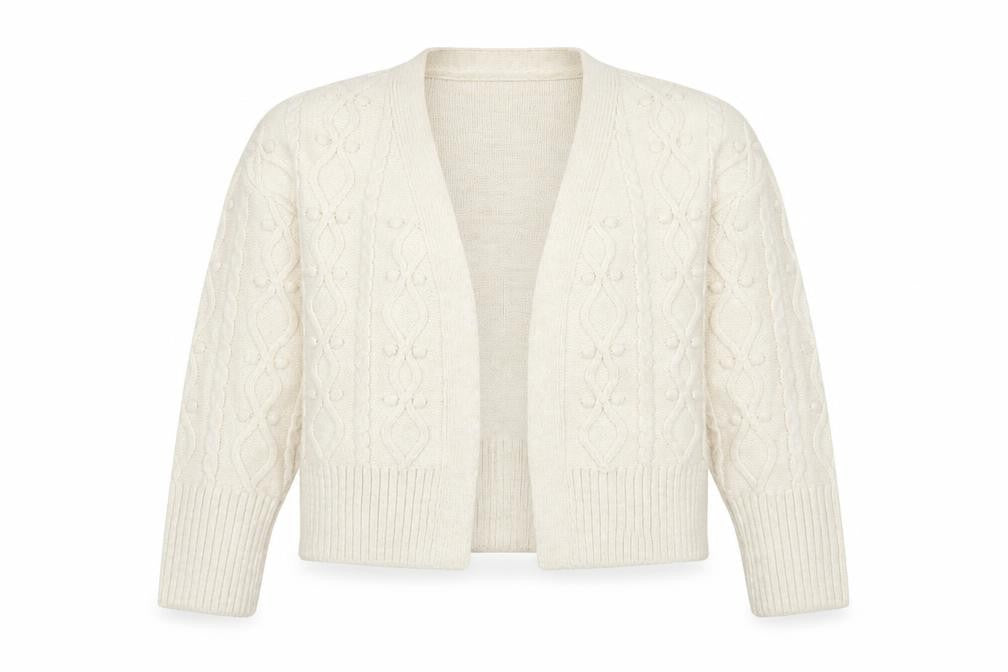 Front view of River Island Women's Ivory Cardigan M, Cable-Knit Style