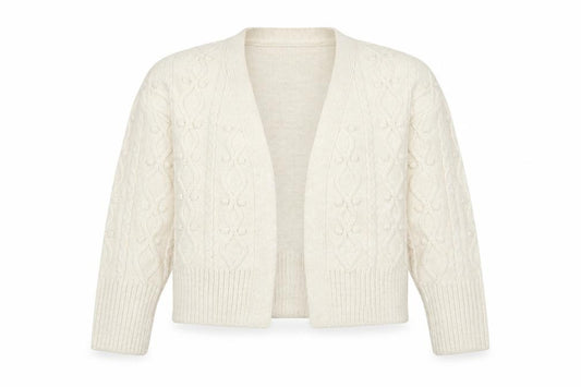 Front view of River Island Women's Ivory Cardigan M, Cable-Knit Style