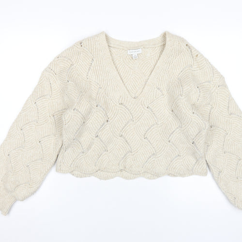 Topshop Women's Ivory Cable-Knit V-Neck Jumper M