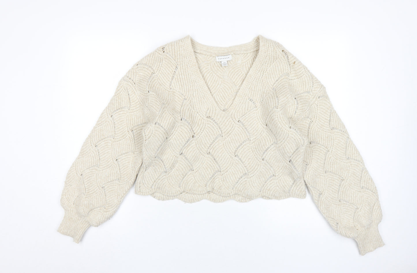 Topshop Women's Ivory Cable-Knit V-Neck Jumper M