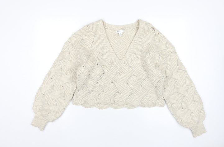 Topshop Women's Ivory Cable-Knit V-Neck Jumper M