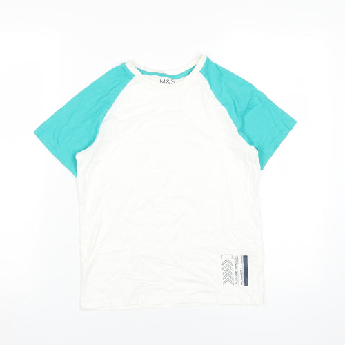 Marks and Spencer Boys White Blue T-Shirt 9-10 Years