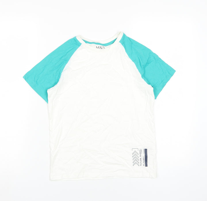Marks and Spencer Boys White Blue T-Shirt 9-10 Years