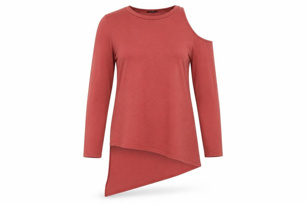 Front view of River Island Women's Red Asymmetrical T-Shirt, size 10