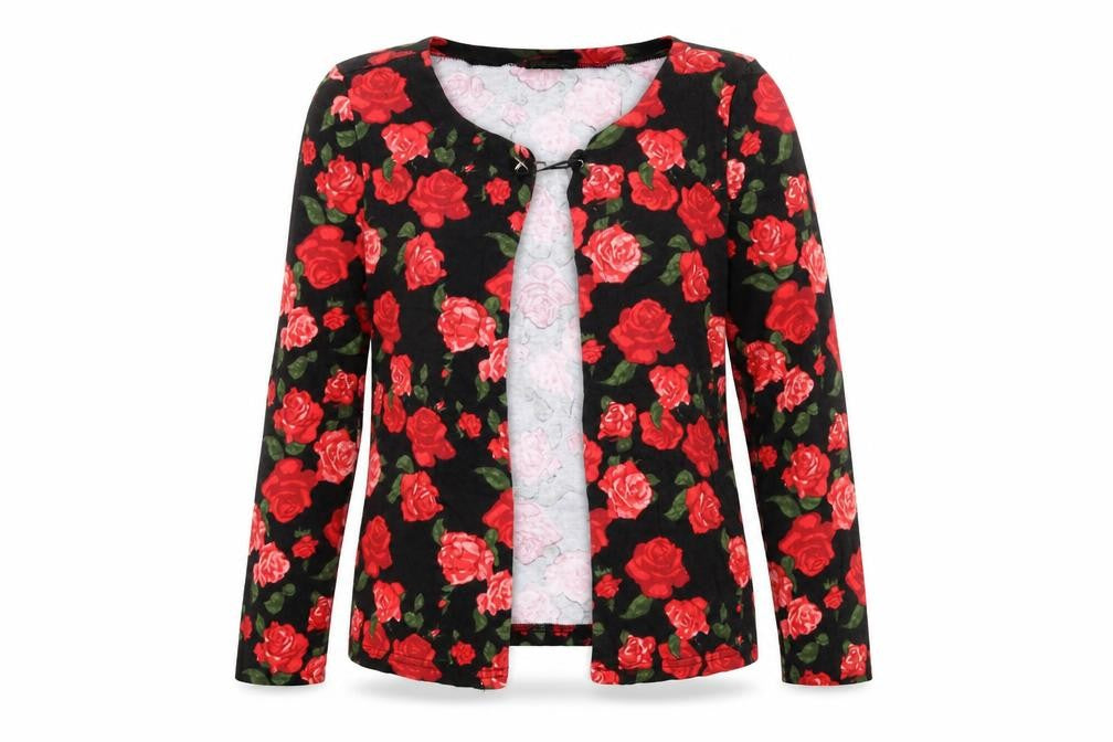 Front view of Chillytime Women's Black Floral Long Sleeve Blouse, size 10