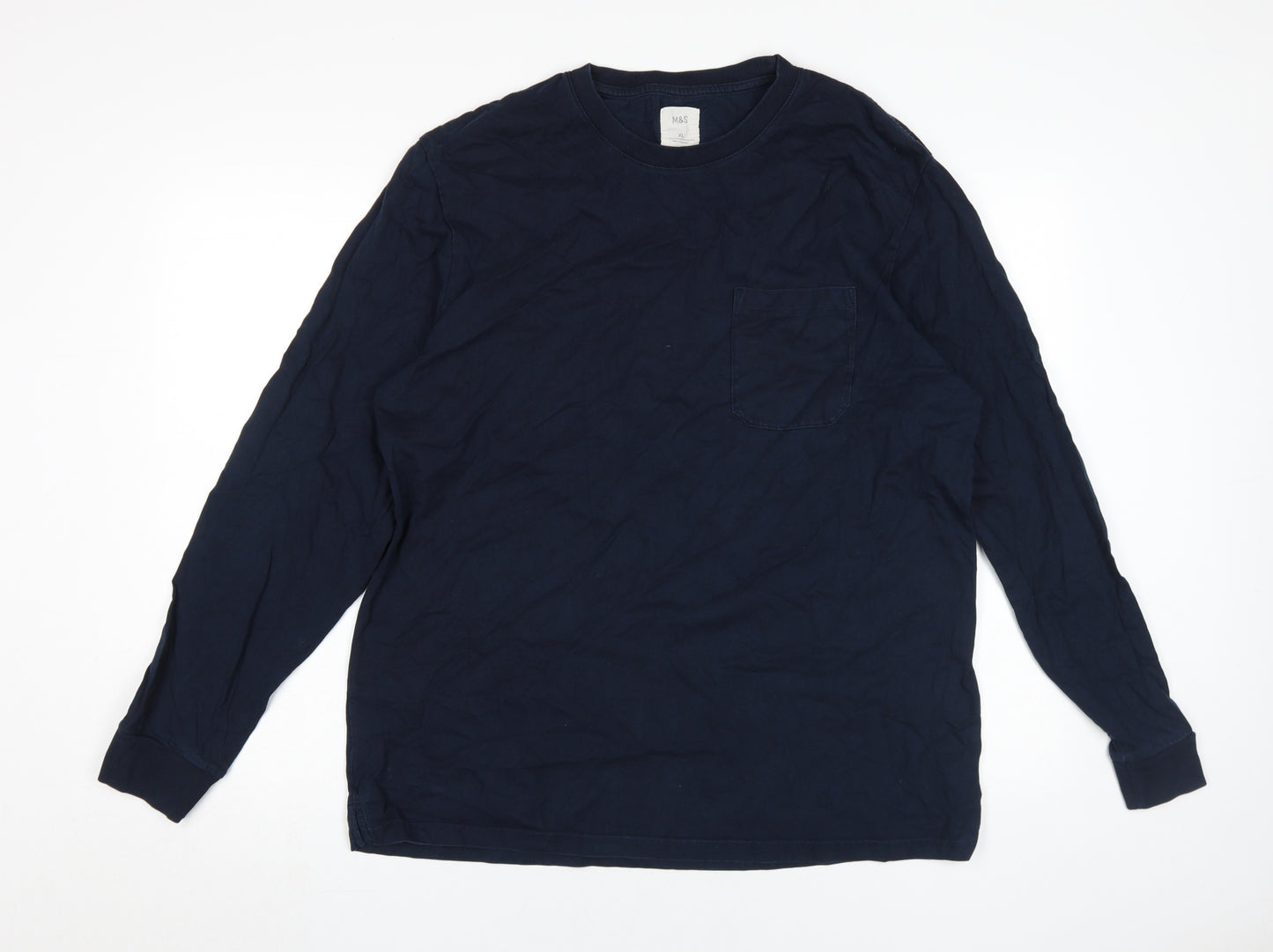 Marks and Spencer Men's Blue Long Sleeve Crew Neck T-Shirt XL