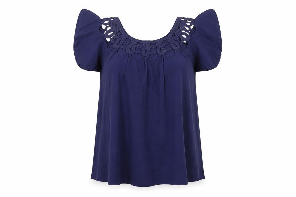Front view of French Connection Women's Blue Crochet Tunic Blouse XS