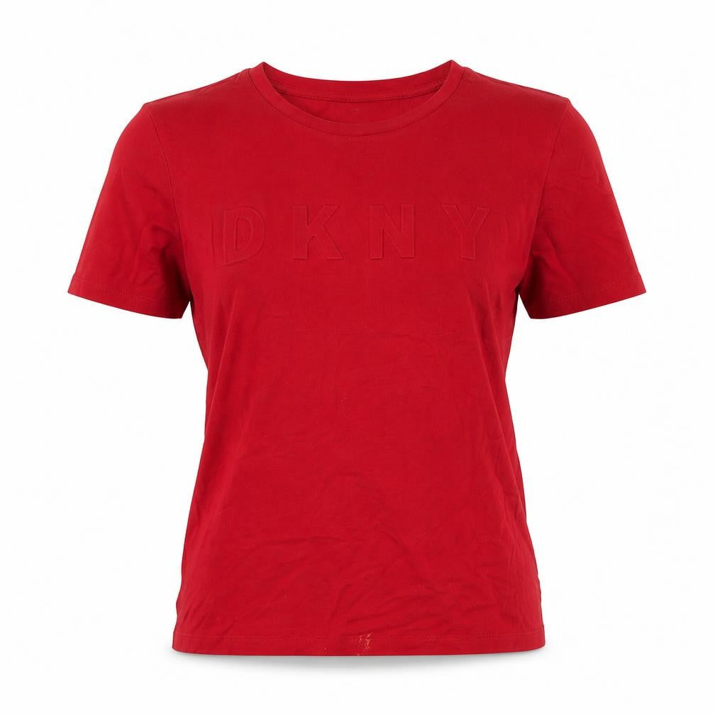 Front view of DKNY Women's Red Basic T-Shirt, size S, Casual Crew Neck