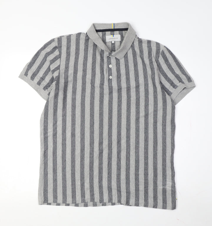 Larsson & Co Men's Grey Striped Cotton Polo Shirt L