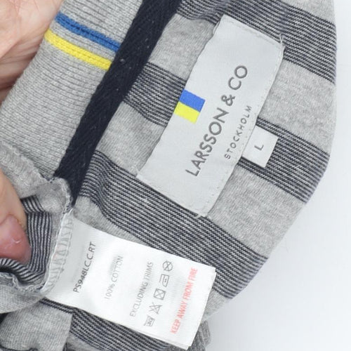 Larsson & Co Men's Grey Striped Cotton Polo Shirt L