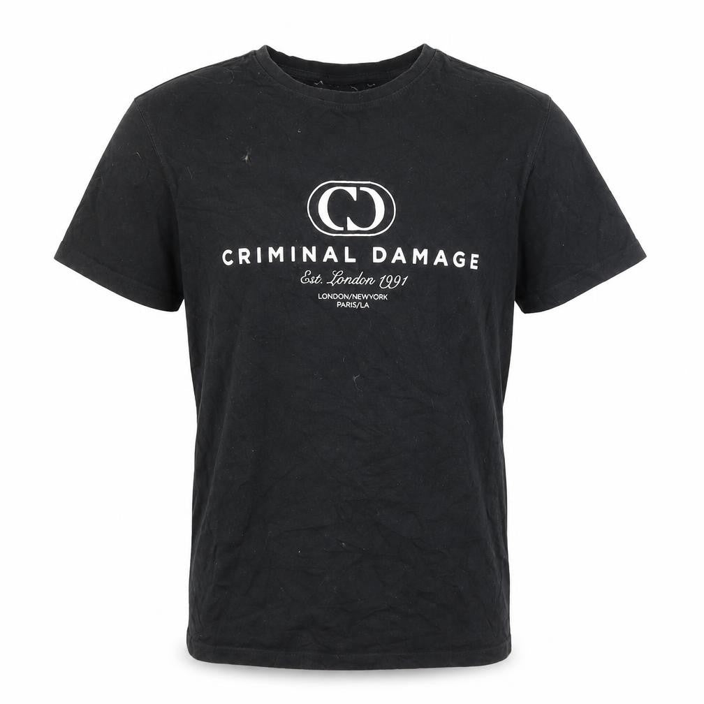 Front view of Criminal Damage Black Men's S Logo T-Shirt