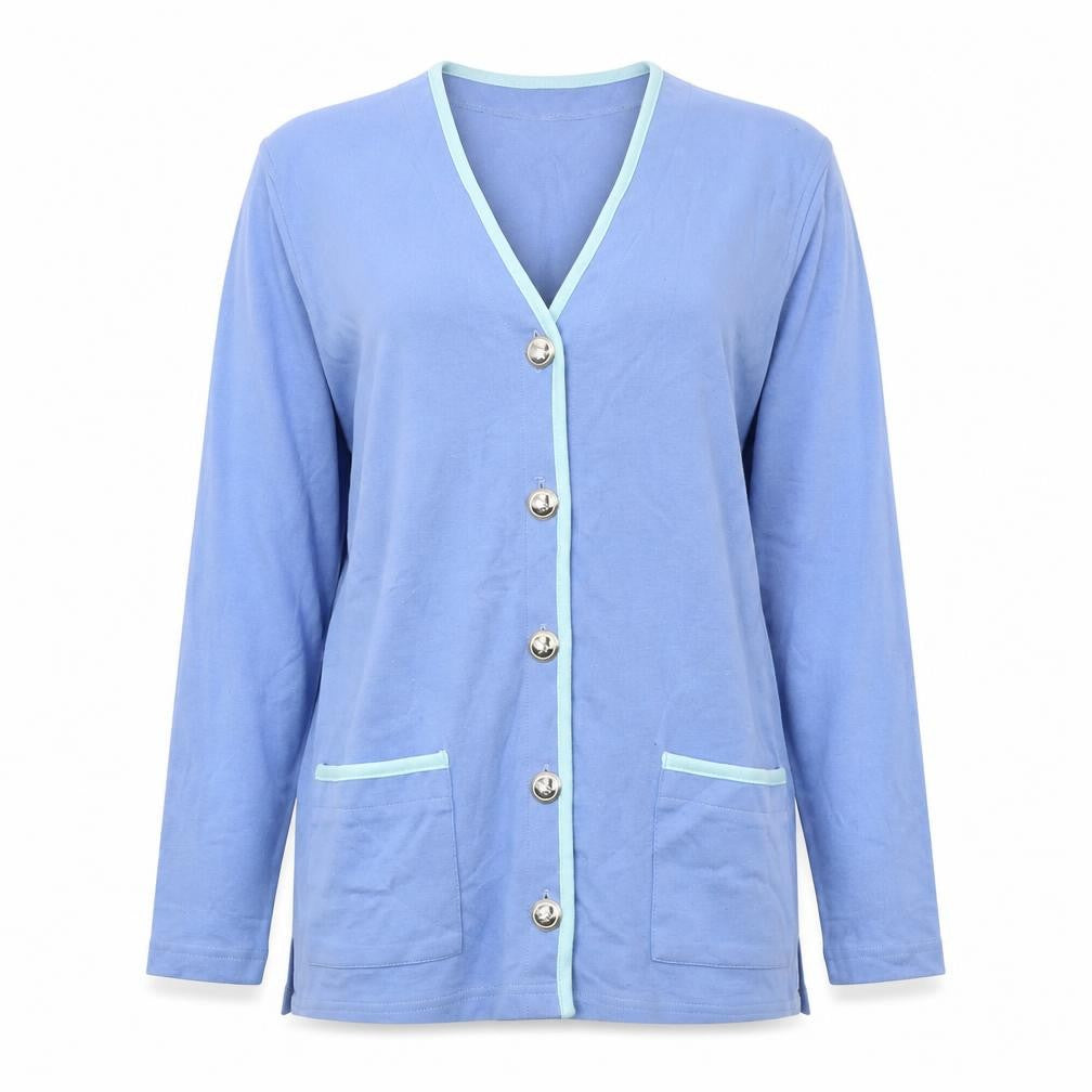 Front view of Jumper Women's Blue V-Neck Cardigan, size S