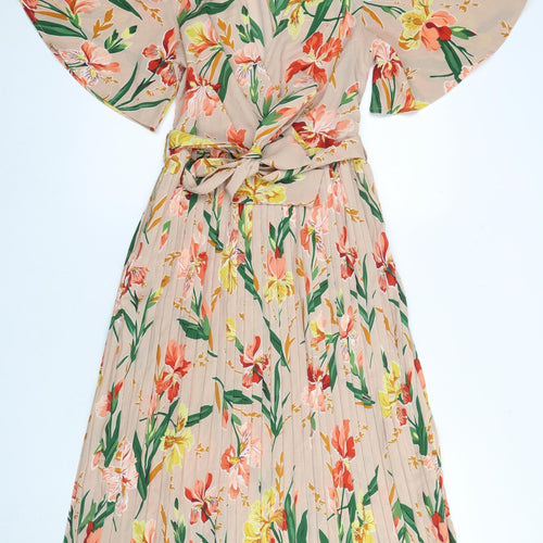 PrettyLittleThing Women Beige Floral Midi Wrap Dress