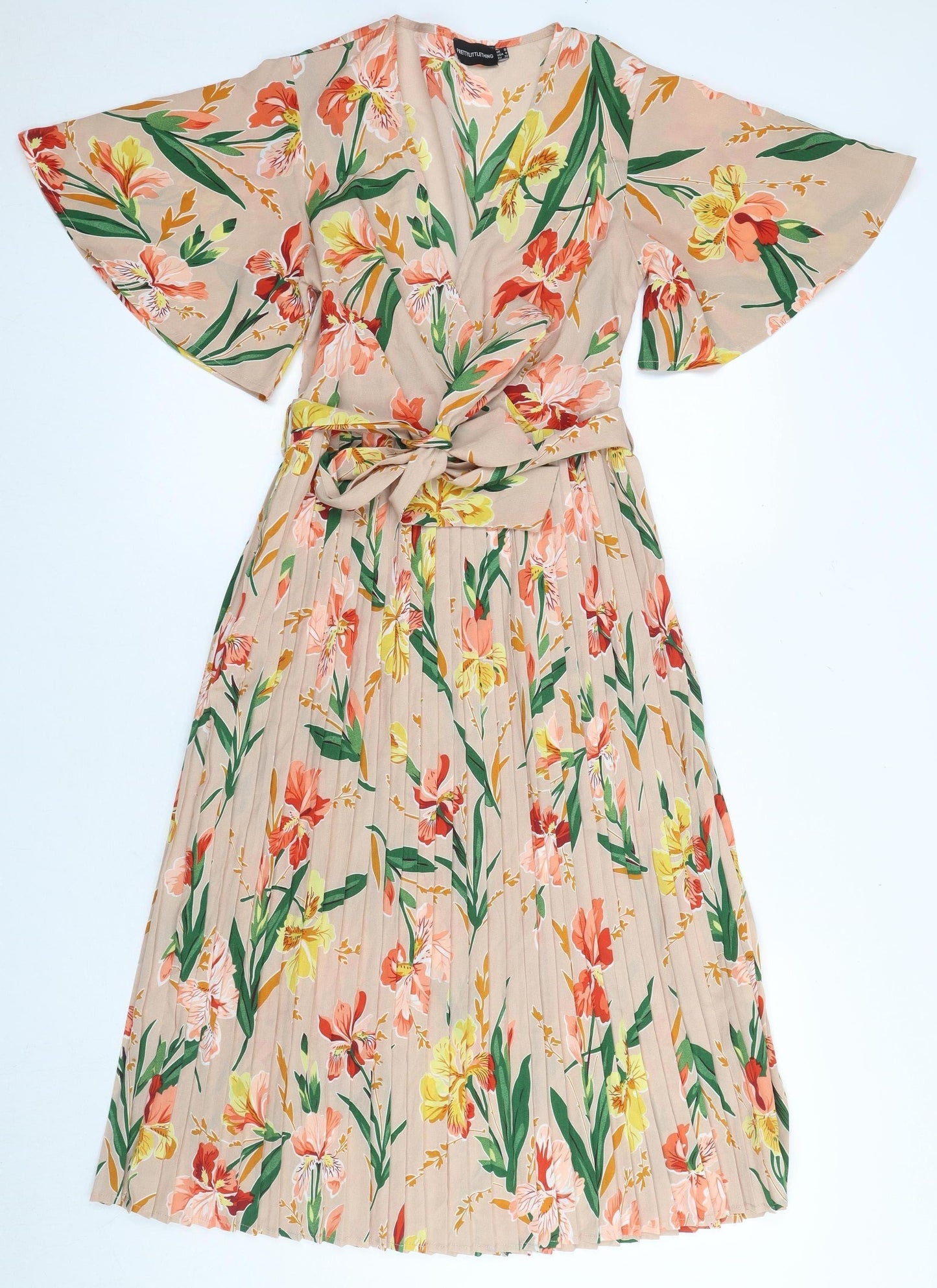 PrettyLittleThing Women Beige Floral Midi Wrap Dress
