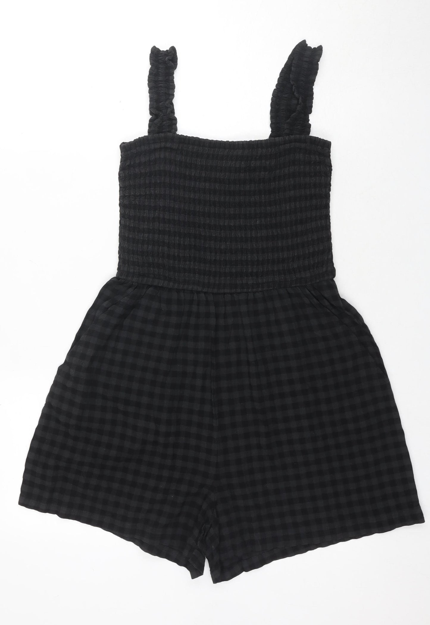 H&M Women's Black Check Playsuit S, Sleeveless Cotton