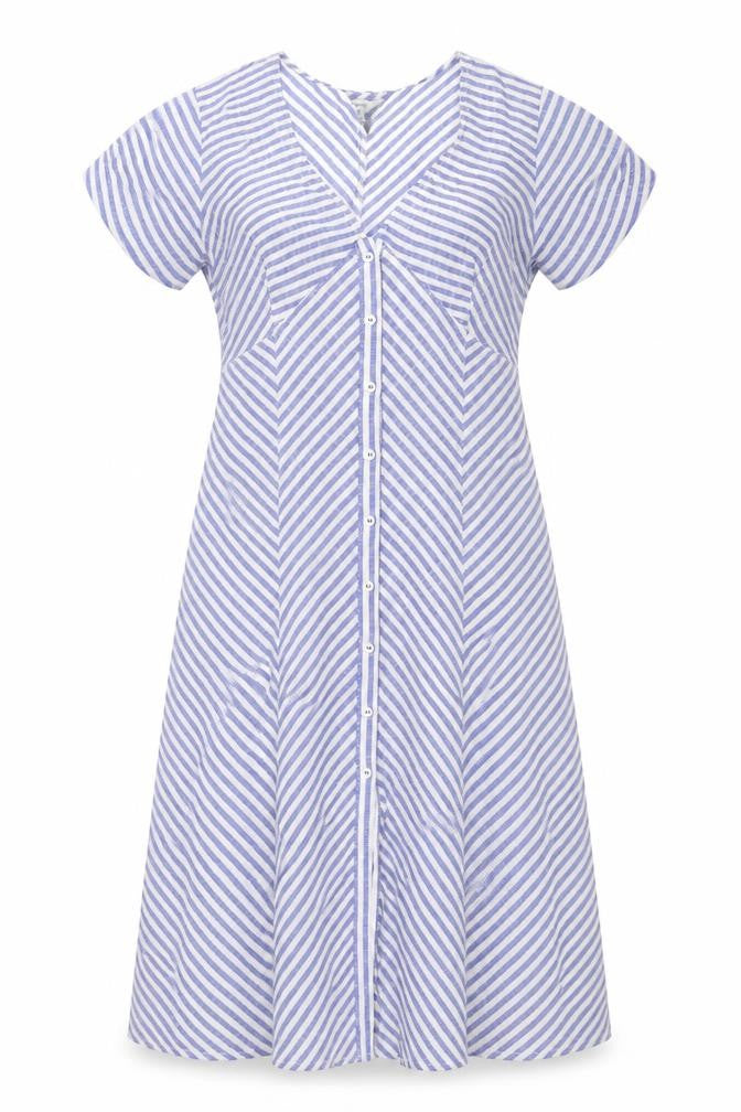 Front view of Max Studio Women’s Blue Striped A-Line Dress, size UK 8