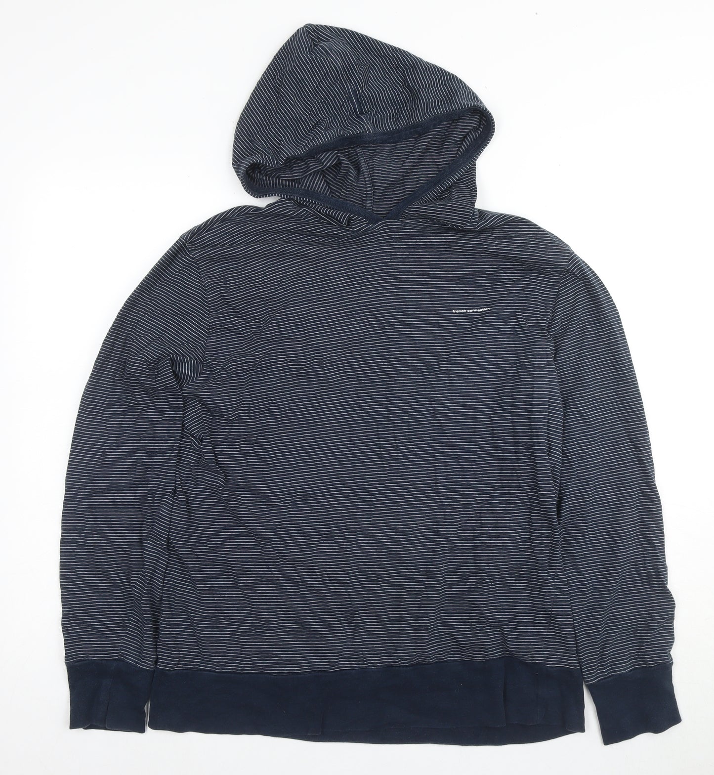 French Connection Men's Blue Striped Pullover Hoodie L