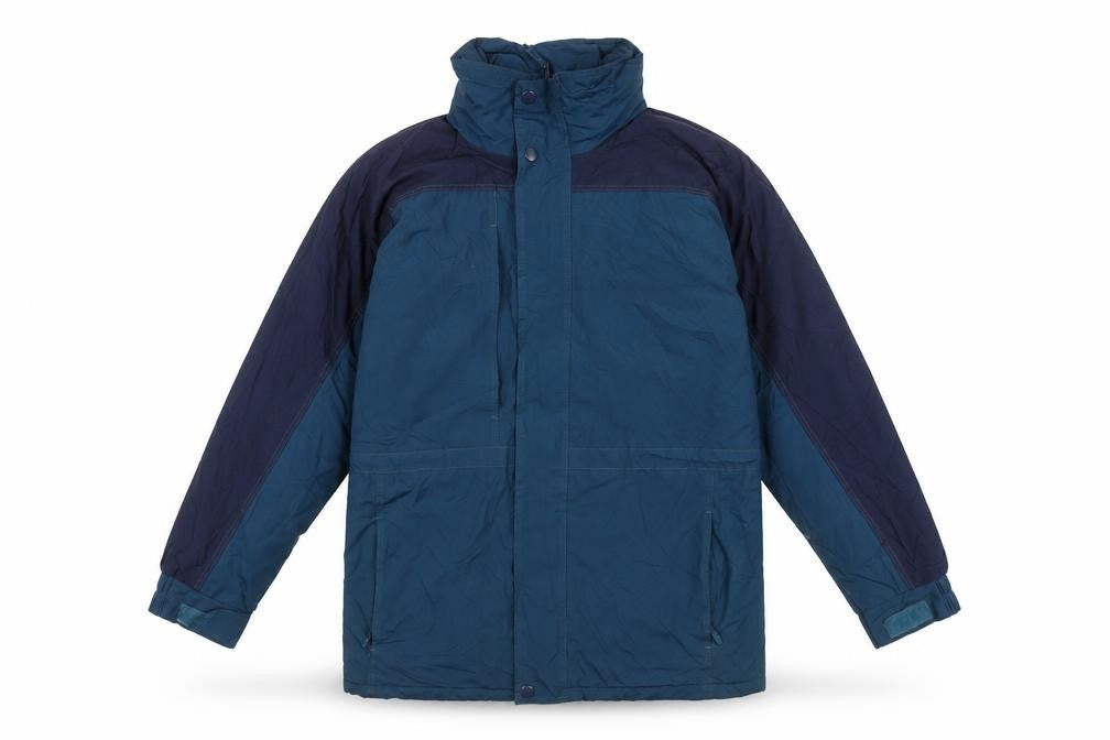 Front view of Alexandra Men's Blue Puffer Jacket, size M, Water Resistant