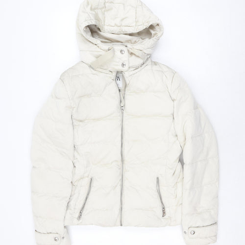 Zara Women Ivory Puffer Jacket M Winter Hooded