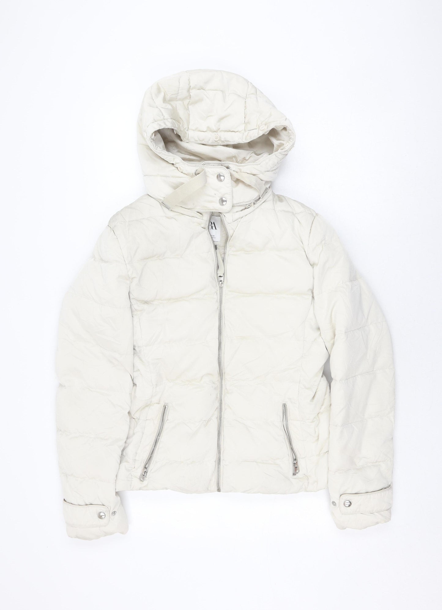 Zara Women Ivory Puffer Jacket M Winter Hooded