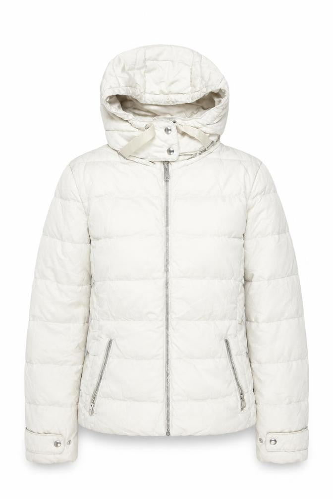 Front view of Zara Women Ivory Puffer Jacket M Winter Hooded