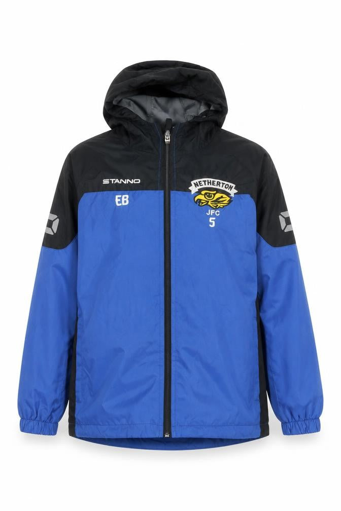 Front view of Stanno boys’ blue windbreaker jacket, size 11, hooded