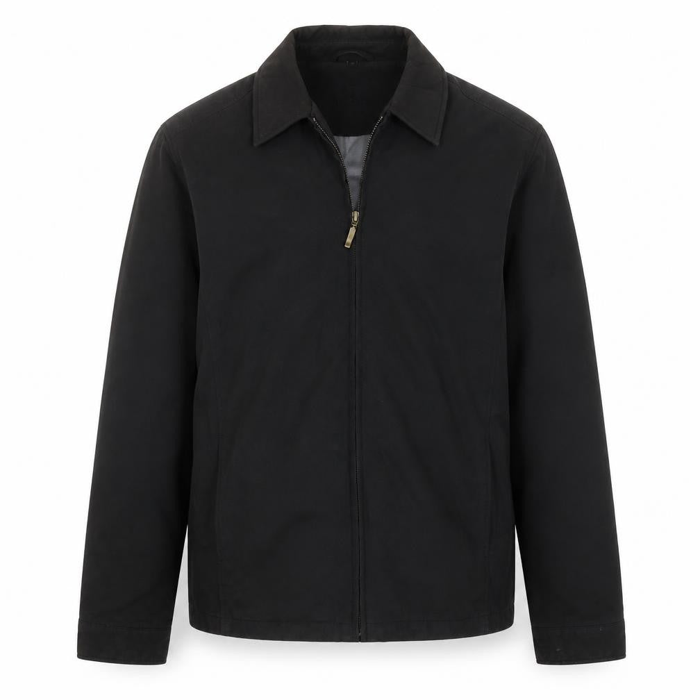 Front view of Thomas Nash Men's Black Zip Jacket, size S, Cotton Blend